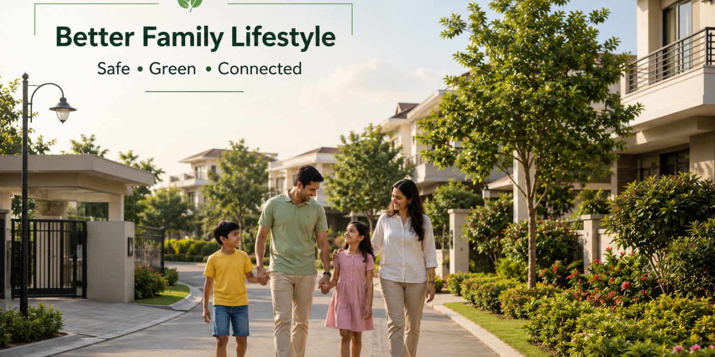 Family enjoying a comfortable lifestyle in a gated villa community in Bangalore with green spaces and modern amenities