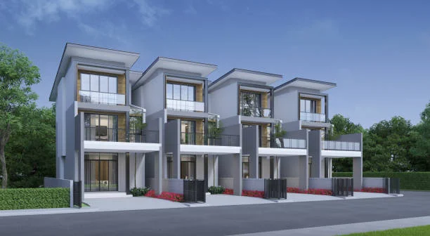 Modern premium 4BHK villa exterior with luxury architecture, spacious design, landscaped surroundings, and elegant residential community setting.
