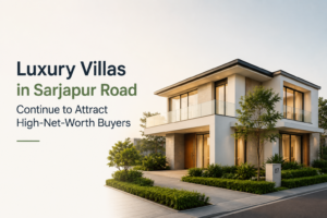 Luxury villa on Sarjapur Road featuring contemporary architecture, premium amenities, landscaped gardens, and a secure gated community environment in Bangalore.