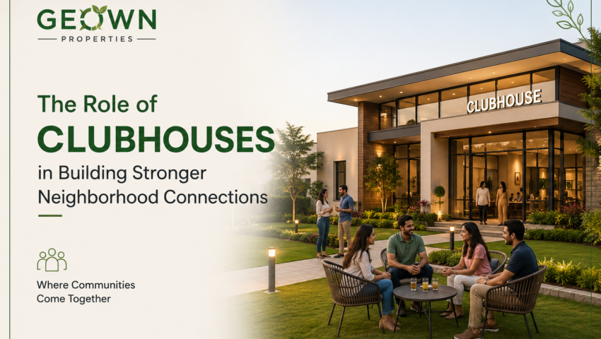 Residents socializing outside a modern clubhouse in a villa community designed to encourage neighborhood interaction and community engagement.