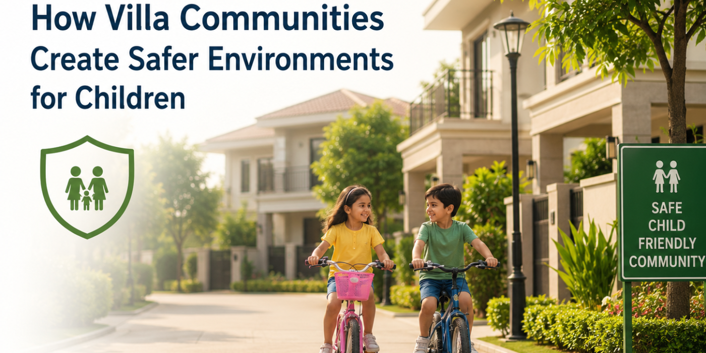 Children cycling safely inside a gated villa community with secure roads and family-friendly surroundings.