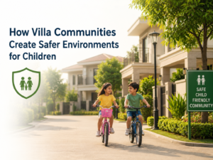 Children cycling safely inside a gated villa community with secure roads and family-friendly surroundings.