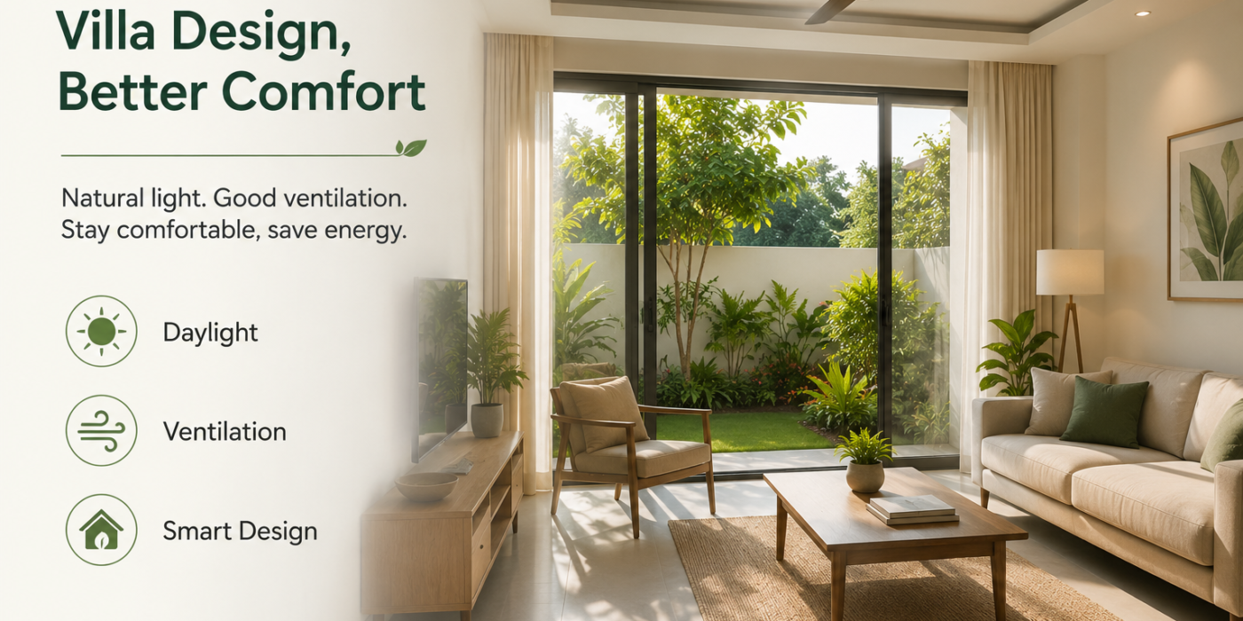 Modern villa designed with large windows, natural ventilation, shaded outdoor spaces, and energy-efficient architecture for improved indoor comfort