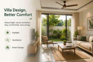 Modern villa designed with large windows, natural ventilation, shaded outdoor spaces, and energy-efficient architecture for improved indoor comfort