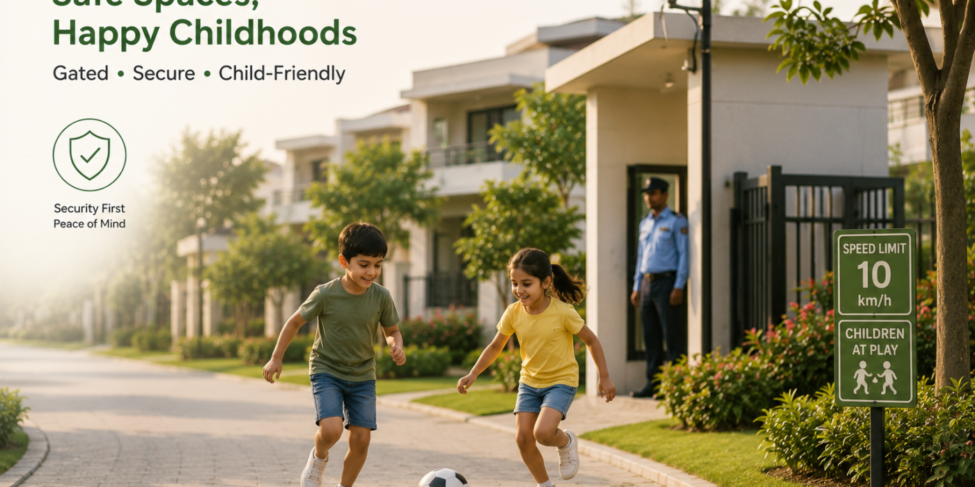Children playing safely in a gated villa community with landscaped parks, secure pathways, and family-friendly surroundings