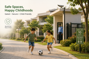 Children playing safely in a gated villa community with landscaped parks, secure pathways, and family-friendly surroundings