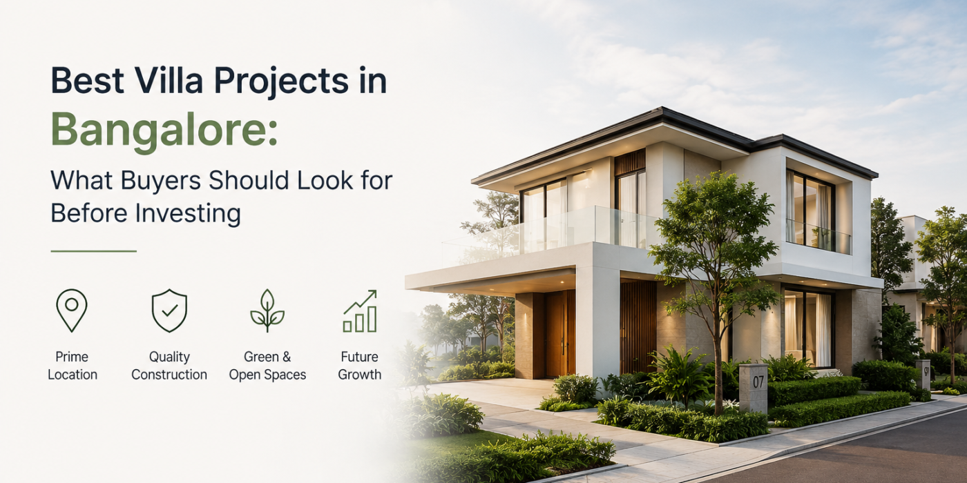 Modern luxury villa in Bangalore showcasing contemporary architecture, landscaped surroundings, and premium residential living in a gated community.