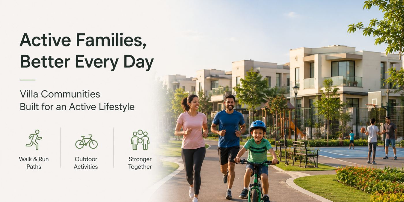 Families walking, jogging, and cycling within a villa community featuring green pathways, parks, and recreational spaces.