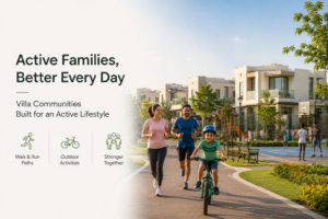 Families walking, jogging, and cycling within a villa community featuring green pathways, parks, and recreational spaces.