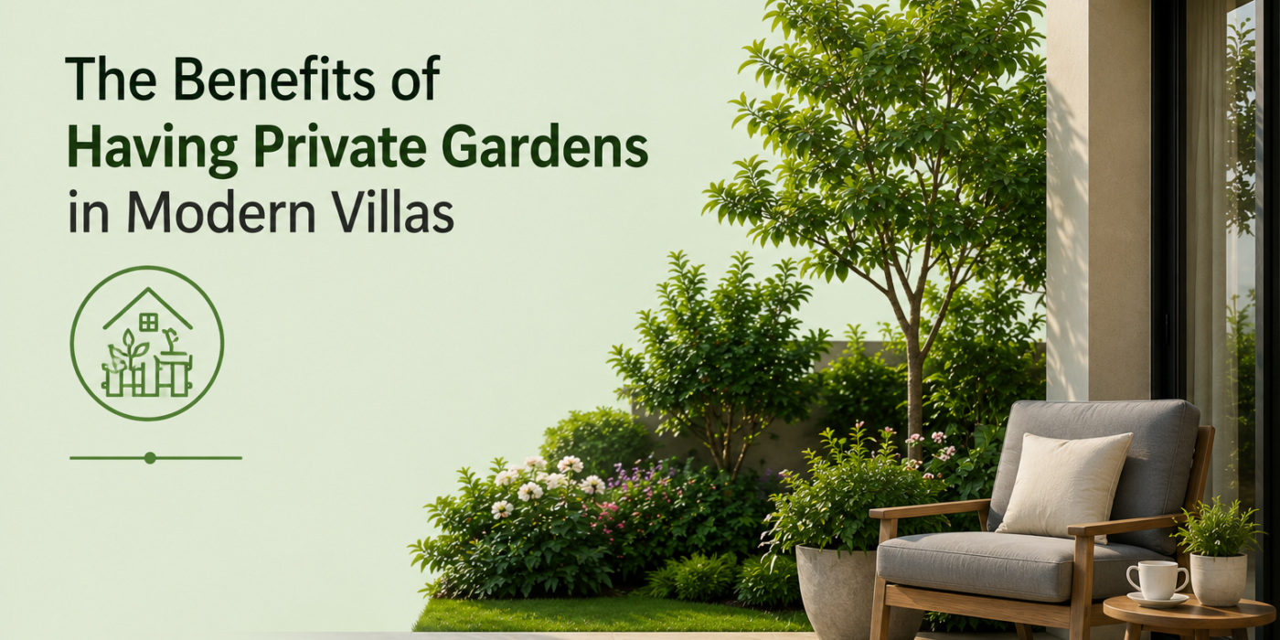 Modern villa with a private garden, outdoor seating area, and landscaped greenery promoting peaceful and comfortable living.