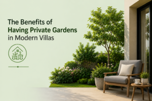 Modern villa with a private garden, outdoor seating area, and landscaped greenery promoting peaceful and comfortable living.