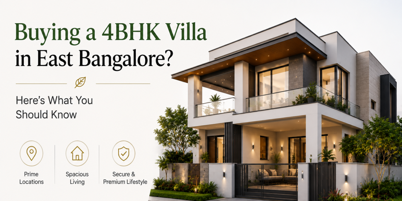 Luxury 4BHK villa in East Bangalore featuring modern architecture, spacious interiors, landscaped surroundings, and premium residential amenities.