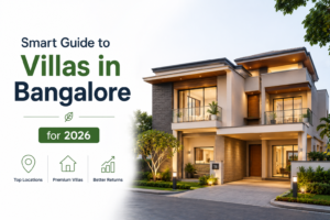 Modern luxury villa in Bangalore showcasing premium architecture, landscaped surroundings, and attractive residential investment opportunities for 2026.
