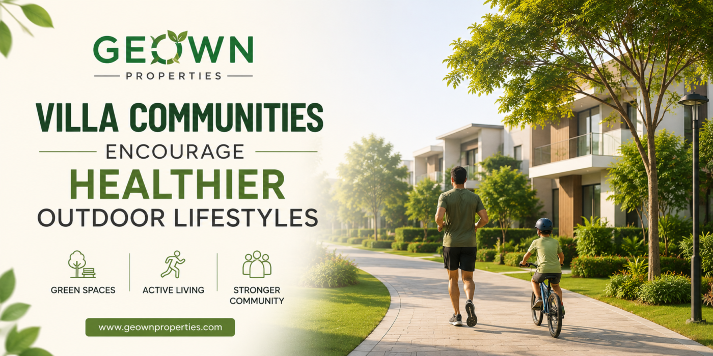 Residents enjoying walking and cycling in a green villa community with landscaped pathways and modern homes.