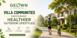 Residents enjoying walking and cycling in a green villa community with landscaped pathways and modern homes.