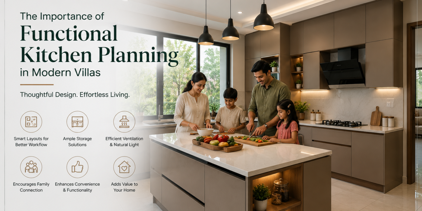 Spacious modern villa kitchen featuring a functional island layout, ample storage, natural lighting, and an Indian family cooking together, showcasing how thoughtful kitchen planning enhances convenience, workflow, and everyday living in premium villas.