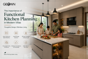 Spacious modern villa kitchen featuring a functional island layout, ample storage, natural lighting, and an Indian family cooking together, showcasing how thoughtful kitchen planning enhances convenience, workflow, and everyday living in premium villas.