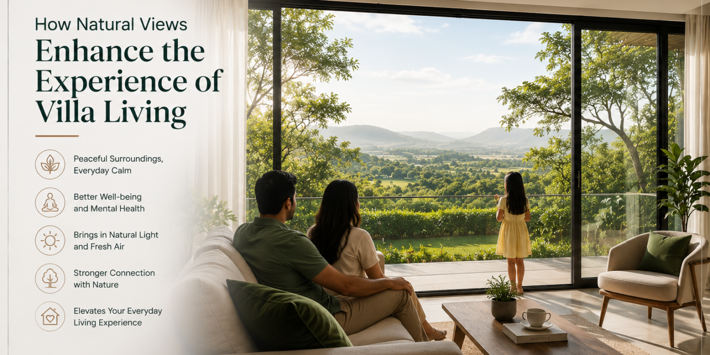 Modern luxury villa living room with floor-to-ceiling glass windows overlooking lush greenery, hills, and scenic landscapes, as an Indian family enjoys the peaceful natural views, highlighting how nature enhances comfort, well-being, and the villa living experience.