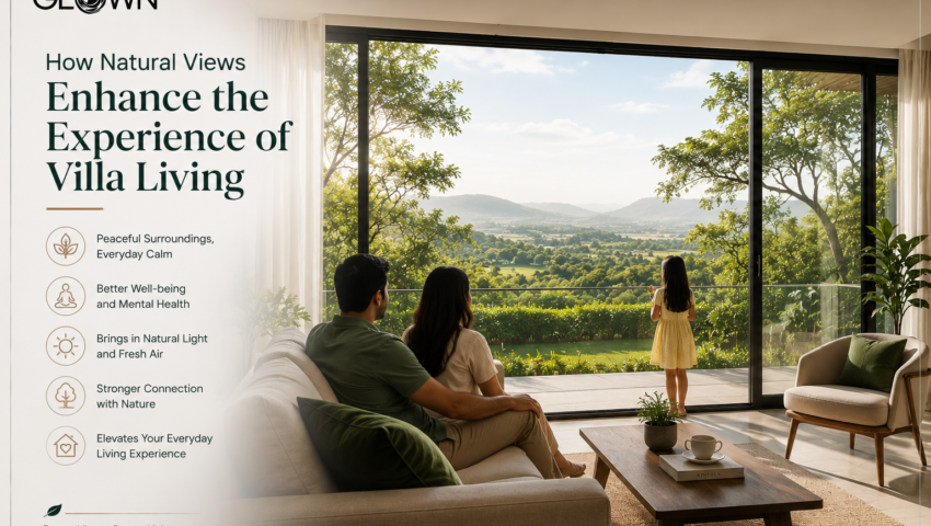 Modern luxury villa living room with floor-to-ceiling glass windows overlooking lush greenery, hills, and scenic landscapes, as an Indian family enjoys the peaceful natural views, highlighting how nature enhances comfort, well-being, and the villa living experience.