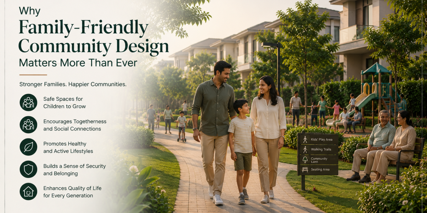 Premium villa community with landscaped walkways, children's play area, green open spaces, and Indian families enjoying quality time together, illustrating how family-friendly community design creates safer, healthier, and more connected neighborhoods for every generation.