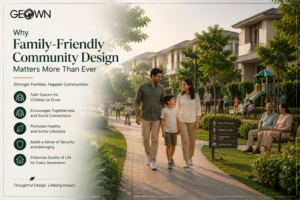 Premium villa community with landscaped walkways, children's play area, green open spaces, and Indian families enjoying quality time together, illustrating how family-friendly community design creates safer, healthier, and more connected neighborhoods for every generation.