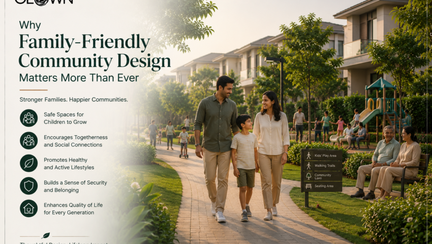 Premium villa community with landscaped walkways, children's play area, green open spaces, and Indian families enjoying quality time together, illustrating how family-friendly community design creates safer, healthier, and more connected neighborhoods for every generation.