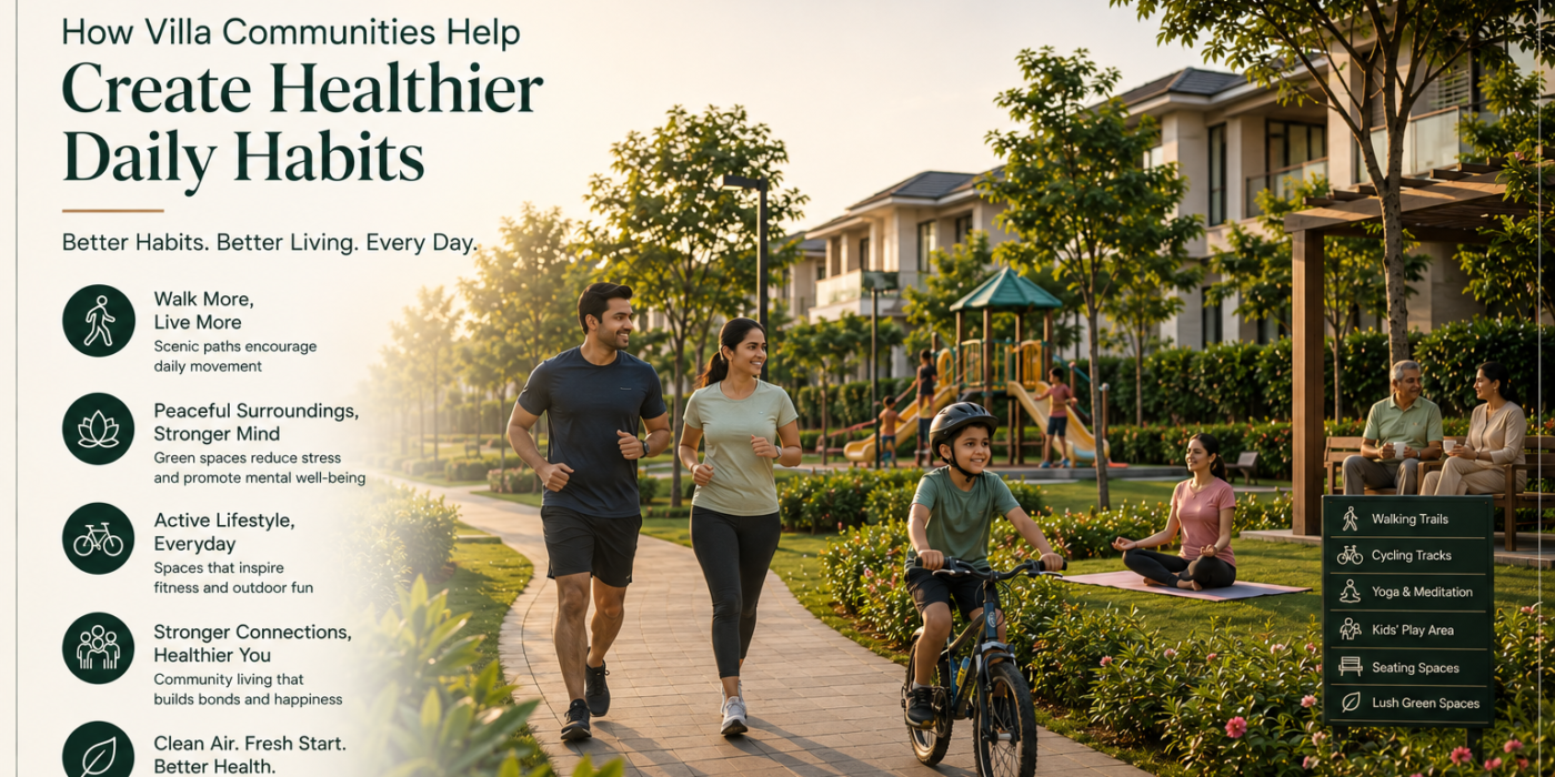 Premium villa community with landscaped walking trails, cycling paths, green open spaces, and Indian families jogging, cycling, practicing yoga, and spending time outdoors, showcasing how thoughtfully designed villa communities encourage healthier daily habits and active lifestyles.