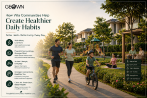 Premium villa community with landscaped walking trails, cycling paths, green open spaces, and Indian families jogging, cycling, practicing yoga, and spending time outdoors, showcasing how thoughtfully designed villa communities encourage healthier daily habits and active lifestyles.