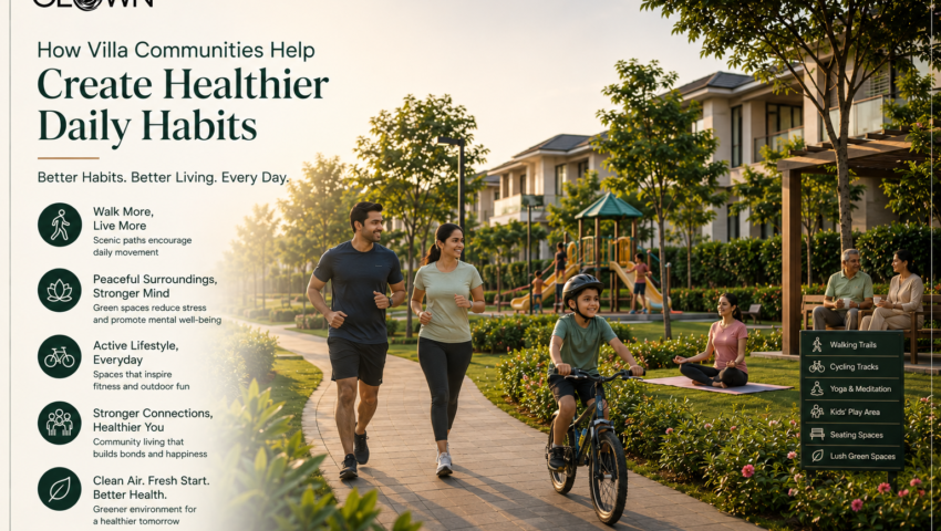 Premium villa community with landscaped walking trails, cycling paths, green open spaces, and Indian families jogging, cycling, practicing yoga, and spending time outdoors, showcasing how thoughtfully designed villa communities encourage healthier daily habits and active lifestyles.