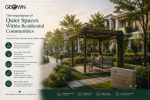 Premium villa community featuring a peaceful landscaped garden with shaded seating, reading corners, pergolas, and lush greenery, where Indian residents relax, read, and enjoy quiet moments, highlighting the importance of dedicated quiet spaces for mental well-being, relaxation, and a balanced residential lifestyle.