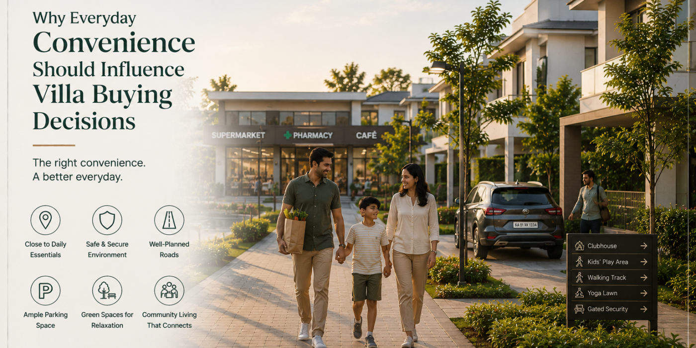 Premium villa community with Indian family walking along landscaped pathways near everyday conveniences including a supermarket, pharmacy, café, ample parking, and green open spaces, highlighting how easy access to essential amenities, secure surroundings, and thoughtful planning influence smarter villa buying decisions and enhance everyday living.