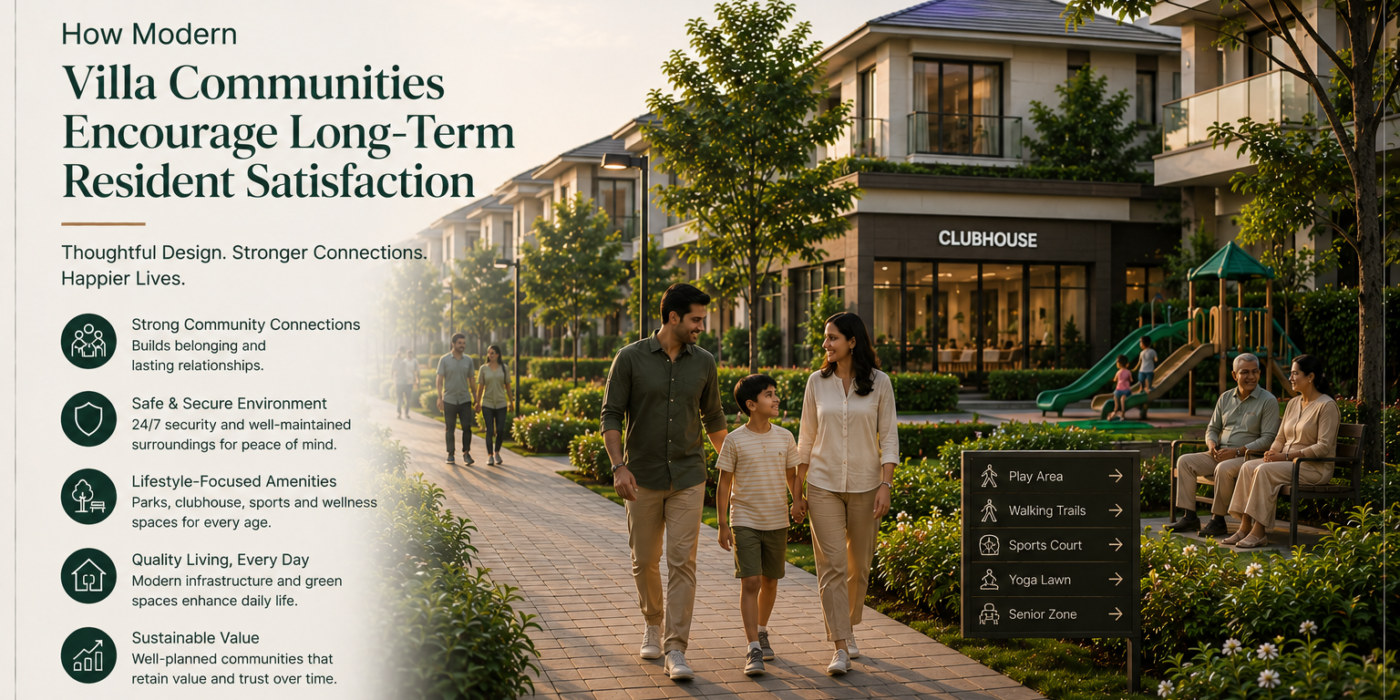 Premium modern villa community with landscaped walkways, a clubhouse, children's play area, lush green spaces, and Indian families of different generations enjoying everyday life together, highlighting how thoughtful planning, lifestyle amenities, secure surroundings, and strong community connections encourage long-term resident satisfaction and lasting happiness.