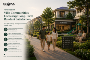 Premium modern villa community with landscaped walkways, a clubhouse, children's play area, lush green spaces, and Indian families of different generations enjoying everyday life together, highlighting how thoughtful planning, lifestyle amenities, secure surroundings, and strong community connections encourage long-term resident satisfaction and lasting happiness.