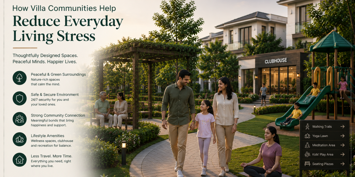 Premium villa community with landscaped walking trails, lush green gardens, shaded seating areas, a clubhouse, yoga lawn, and children's play area, where Indian families enjoy peaceful outdoor spaces, highlighting how thoughtfully planned villa communities reduce everyday living stress through nature, security, wellness amenities, and strong community connections.