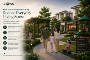 Premium villa community with landscaped walking trails, lush green gardens, shaded seating areas, a clubhouse, yoga lawn, and children's play area, where Indian families enjoy peaceful outdoor spaces, highlighting how thoughtfully planned villa communities reduce everyday living stress through nature, security, wellness amenities, and strong community connections.