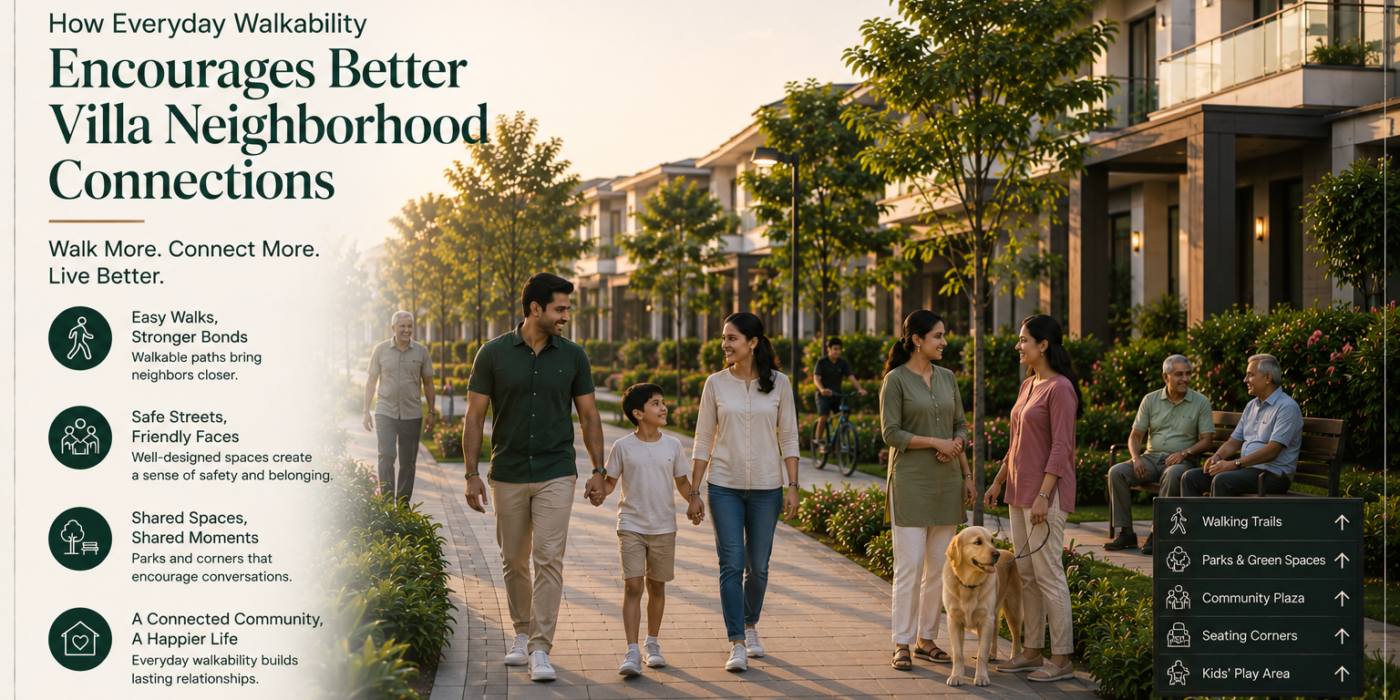 Premium villa community with wide pedestrian-friendly walkways, landscaped gardens, seating areas, and Indian families and neighbors walking, greeting each other, and spending time outdoors, highlighting how everyday walkability encourages stronger neighborhood connections, social interaction, and a healthier community lifestyle.