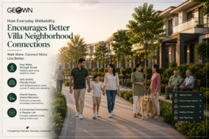 Premium villa community with wide pedestrian-friendly walkways, landscaped gardens, seating areas, and Indian families and neighbors walking, greeting each other, and spending time outdoors, highlighting how everyday walkability encourages stronger neighborhood connections, social interaction, and a healthier community lifestyle.