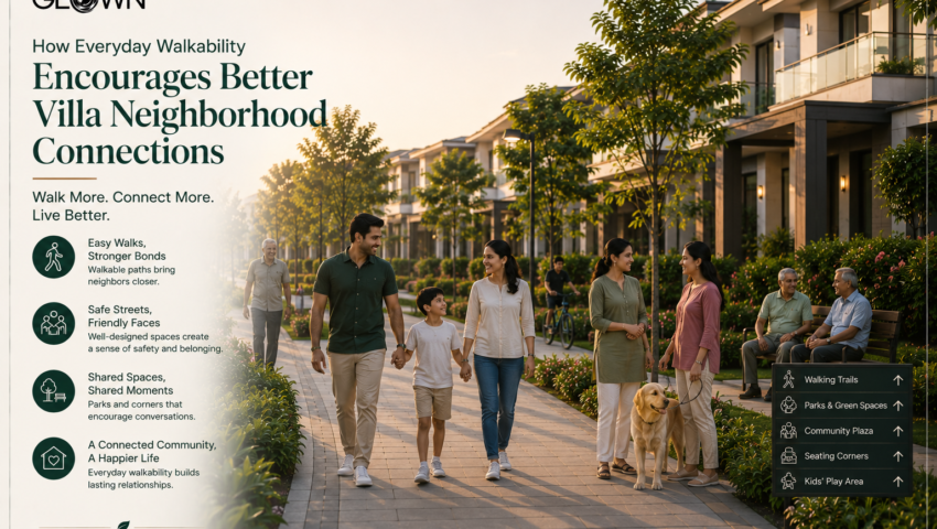 Premium villa community with wide pedestrian-friendly walkways, landscaped gardens, seating areas, and Indian families and neighbors walking, greeting each other, and spending time outdoors, highlighting how everyday walkability encourages stronger neighborhood connections, social interaction, and a healthier community lifestyle.