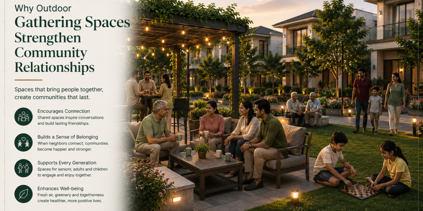 Premium villa community featuring landscaped outdoor gathering spaces with pergolas, seating plazas, green lawns, and Indian families and neighbors socializing, children playing, and residents enjoying meaningful conversations, highlighting how thoughtfully designed outdoor gathering spaces strengthen community relationships, foster belonging, and encourage lasting neighborhood connections.