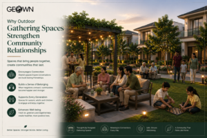 Premium villa community featuring landscaped outdoor gathering spaces with pergolas, seating plazas, green lawns, and Indian families and neighbors socializing, children playing, and residents enjoying meaningful conversations, highlighting how thoughtfully designed outdoor gathering spaces strengthen community relationships, foster belonging, and encourage lasting neighborhood connections.