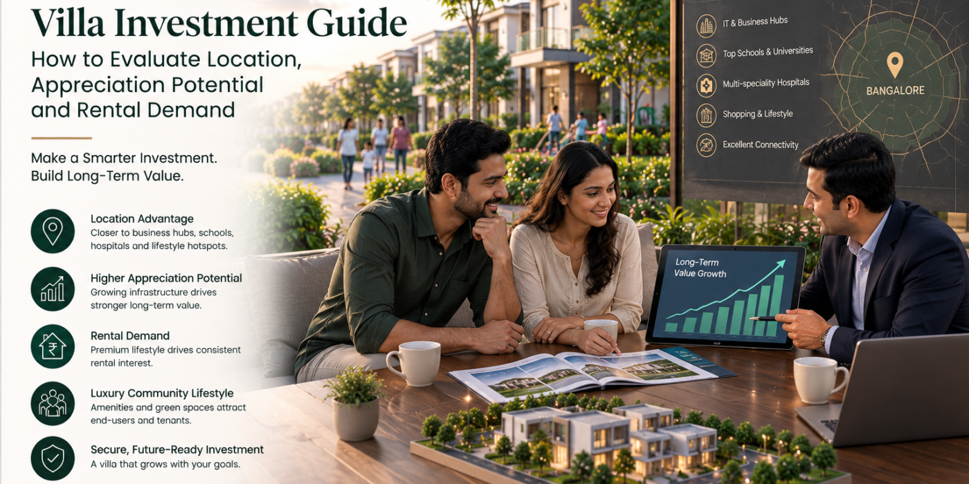 Premium GEOWN villa investment guide featuring a modern Bangalore villa community, Indian family reviewing property options with an advisor, and visual indicators for location advantage, appreciation potential, rental demand, connectivity, amenities, and long-term investment value.
