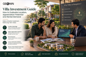 Premium GEOWN villa investment guide featuring a modern Bangalore villa community, Indian family reviewing property options with an advisor, and visual indicators for location advantage, appreciation potential, rental demand, connectivity, amenities, and long-term investment value.