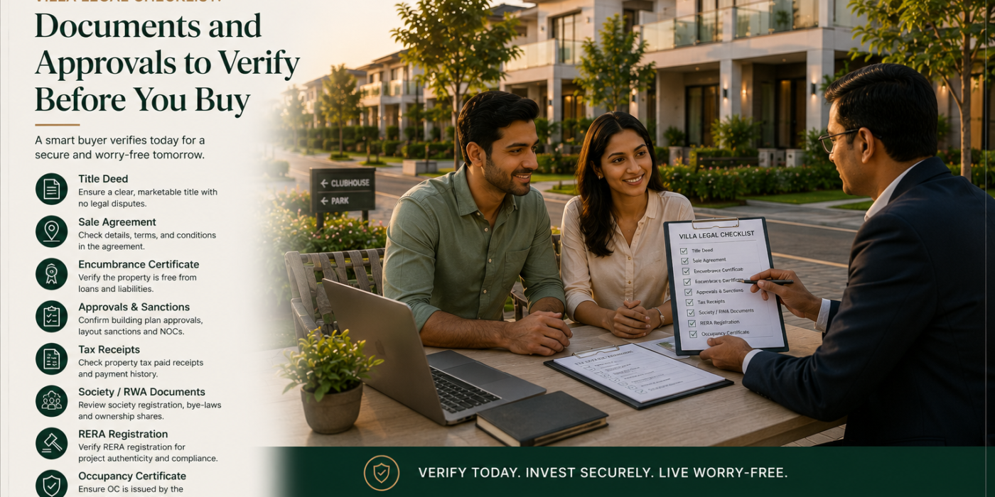 Premium GEOWN villa legal checklist featuring an Indian couple reviewing property documents with a professional advisor, alongside modern villas and visual references to title deeds, sale agreements, encumbrance certificates, approvals, tax receipts, RERA registration, and occupancy certificates, emphasizing secure and informed villa buying.