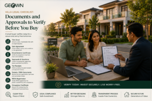 Premium GEOWN villa legal checklist featuring an Indian couple reviewing property documents with a professional advisor, alongside modern villas and visual references to title deeds, sale agreements, encumbrance certificates, approvals, tax receipts, RERA registration, and occupancy certificates, emphasizing secure and informed villa buying.