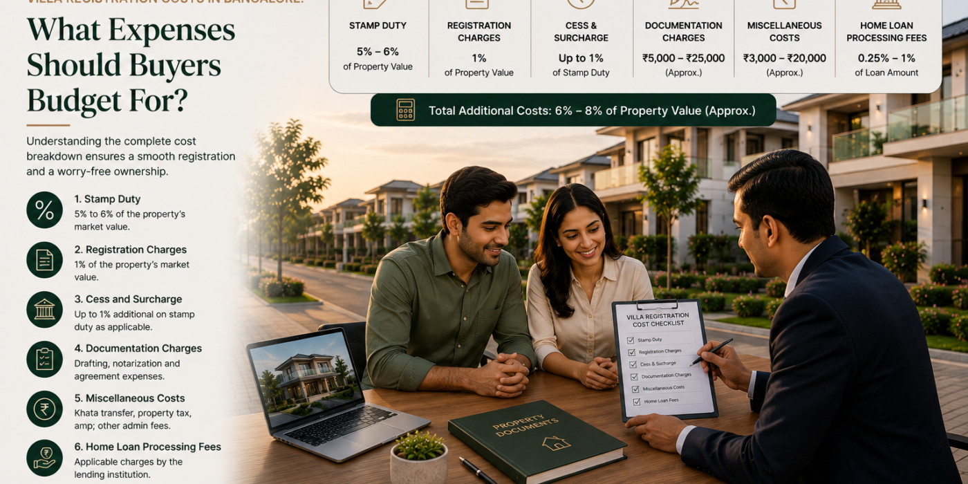 Premium GEOWN villa registration cost guide showing an Indian couple reviewing property documents with an advisor in a modern villa community, alongside a clear breakdown of stamp duty, registration charges, cess, documentation, miscellaneous expenses, and home loan processing fees.