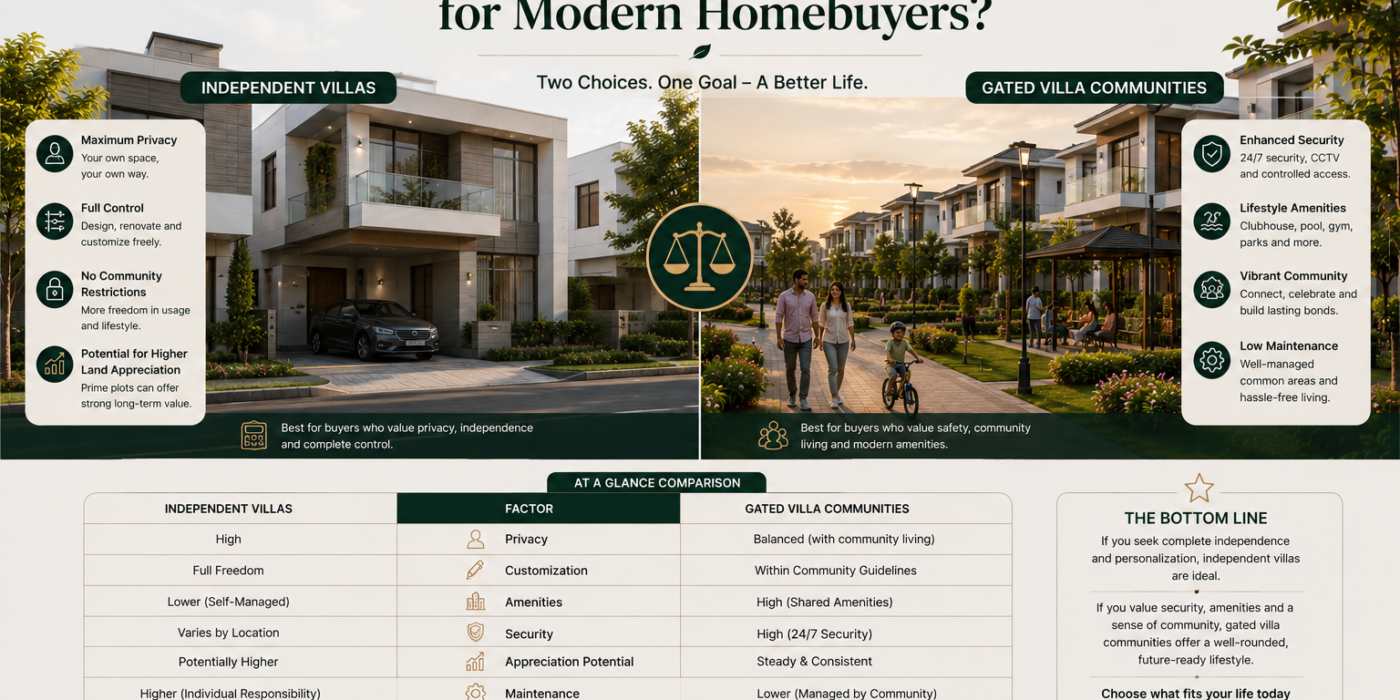GEOWN comparison of independent villas and gated villa communities, showing modern homes, landscaped streets, Indian families, and lifestyle features, with visual comparisons of privacy, customization, security, amenities, community living, maintenance, and appreciation potential for modern homebuyers.