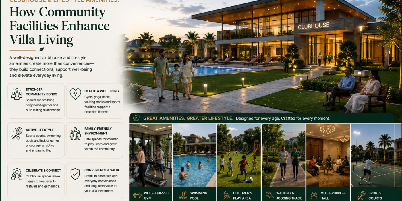 Premium GEOWN villa community featuring a modern clubhouse, swimming pool, well-equipped gym, children’s play area, walking and jogging track, multipurpose hall, and sports courts, with Indian families and residents enjoying the amenities, highlighting how community facilities enhance wellness, connection, convenience, and everyday villa living.