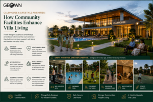 Premium GEOWN villa community featuring a modern clubhouse, swimming pool, well-equipped gym, children’s play area, walking and jogging track, multipurpose hall, and sports courts, with Indian families and residents enjoying the amenities, highlighting how community facilities enhance wellness, connection, convenience, and everyday villa living.