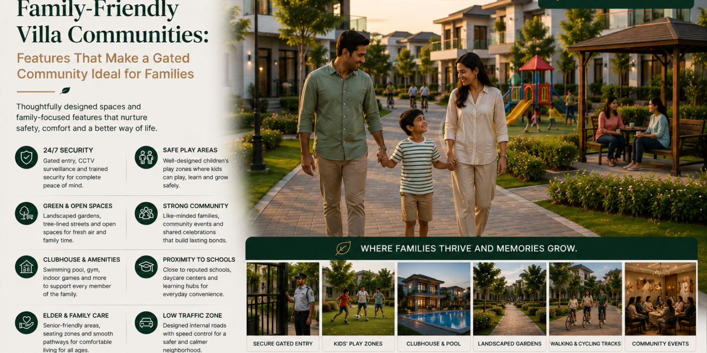 Premium GEOWN family-friendly gated villa community featuring modern villas, landscaped walkways, children’s play areas, clubhouse amenities, green open spaces, secure entry, low-traffic streets, and Indian families enjoying the neighborhood, highlighting features that create a safe, comfortable, connected, and family-oriented lifestyle.