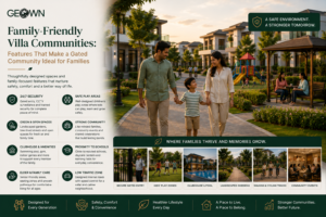 Premium GEOWN family-friendly gated villa community featuring modern villas, landscaped walkways, children’s play areas, clubhouse amenities, green open spaces, secure entry, low-traffic streets, and Indian families enjoying the neighborhood, highlighting features that create a safe, comfortable, connected, and family-oriented lifestyle.